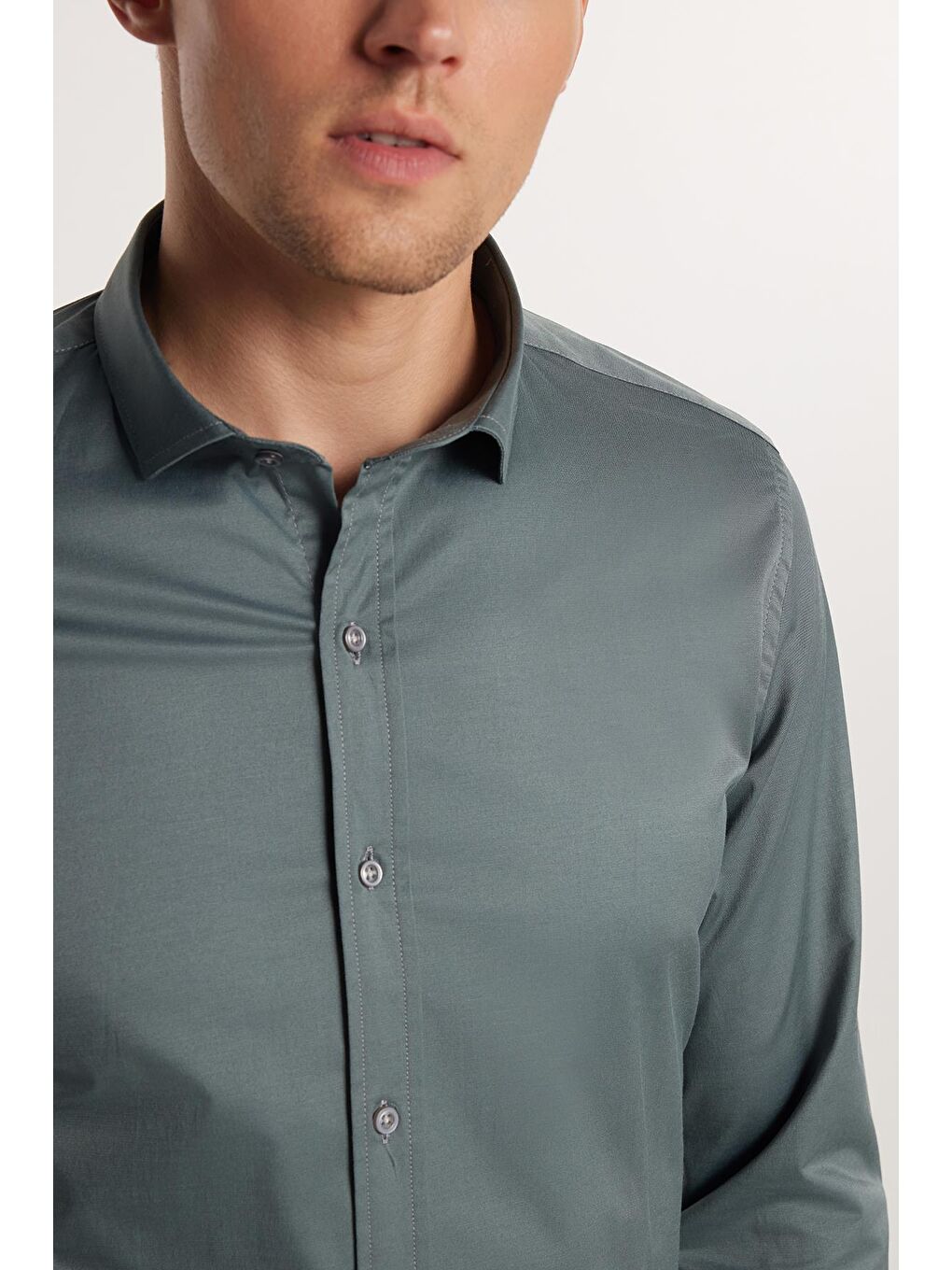 Slim Fit Elastanlı Düz Pamuk Saten Erkek Yeşil Gömlek-1