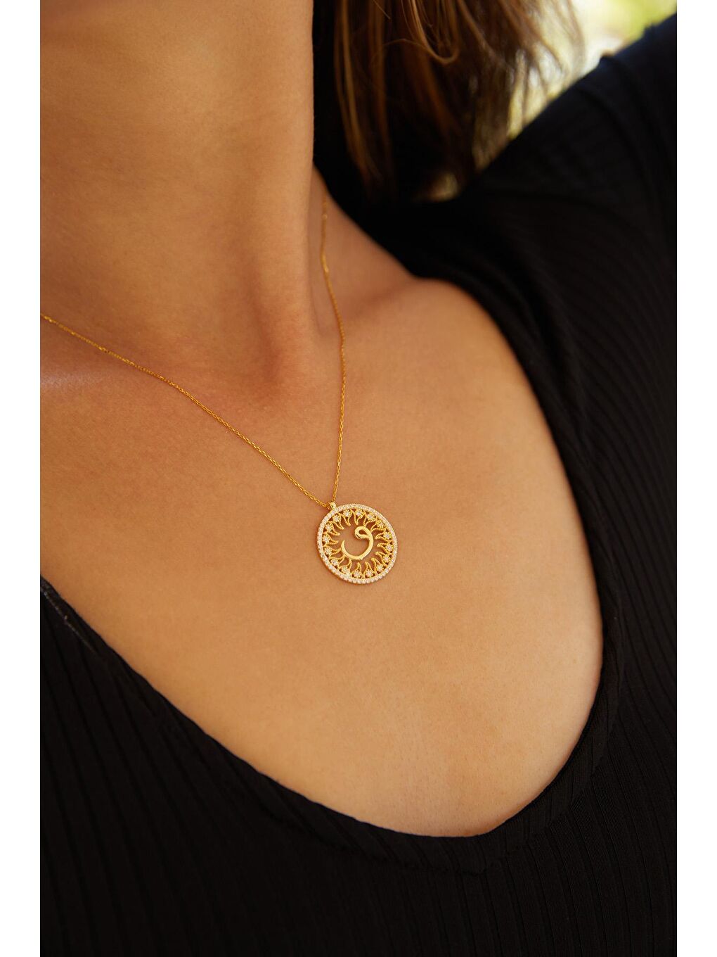 Sarı Kadın Gold Kaplama 925 Ayar Gümüş Daire Vav Harfi Kolye-1