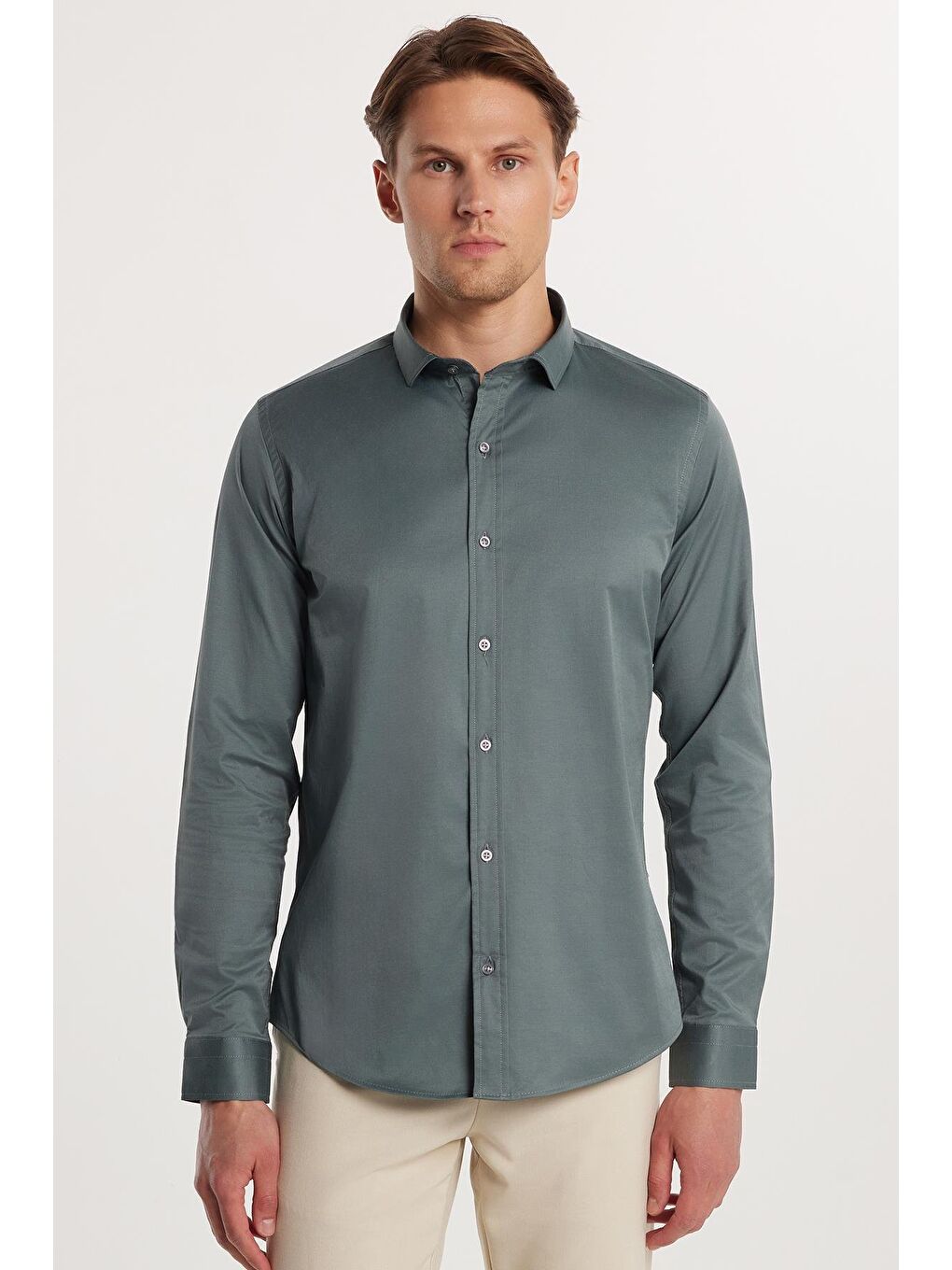 Slim Fit Elastanlı Düz Pamuk Saten Erkek Yeşil Gömlek-3