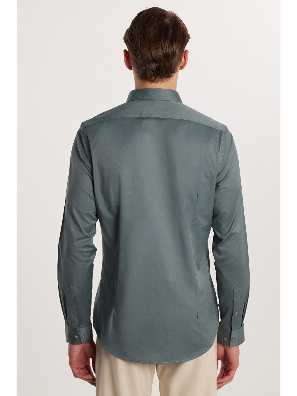 Slim Fit Elastanlı Düz Pamuk Saten Erkek Yeşil Gömlek-4