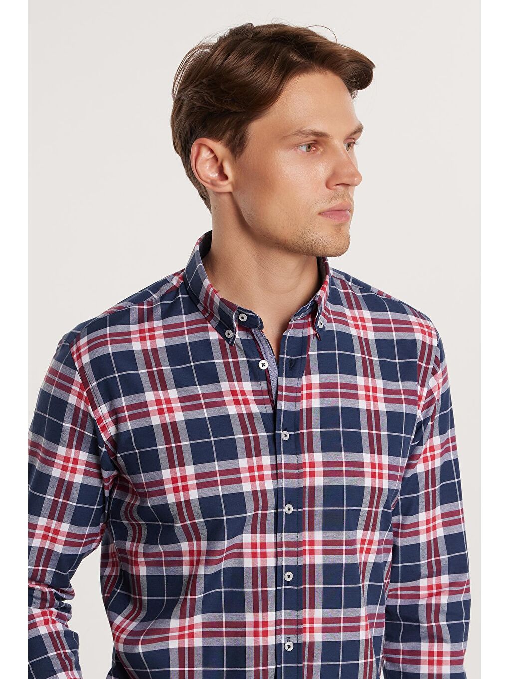 Karışık Erkek Slim Fit Dar Kesim Uzun Kollu Pamuklu Kolay Ütü Kareli Düğmeli Yaka Gömlek-1