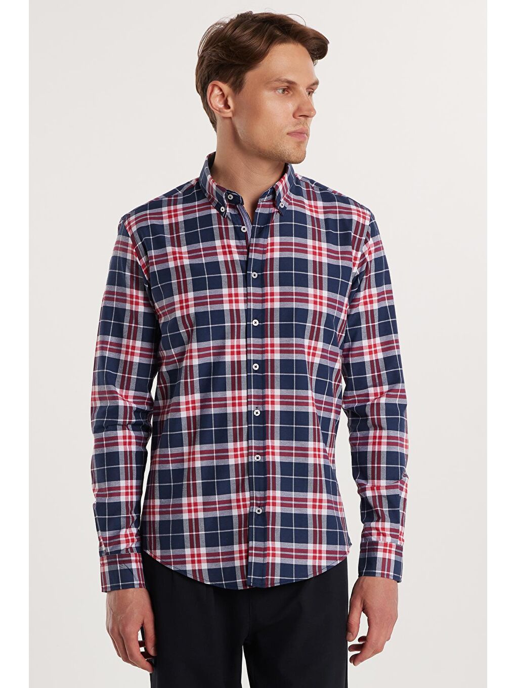 Karışık Erkek Slim Fit Dar Kesim Uzun Kollu Pamuklu Kolay Ütü Kareli Düğmeli Yaka Gömlek-3