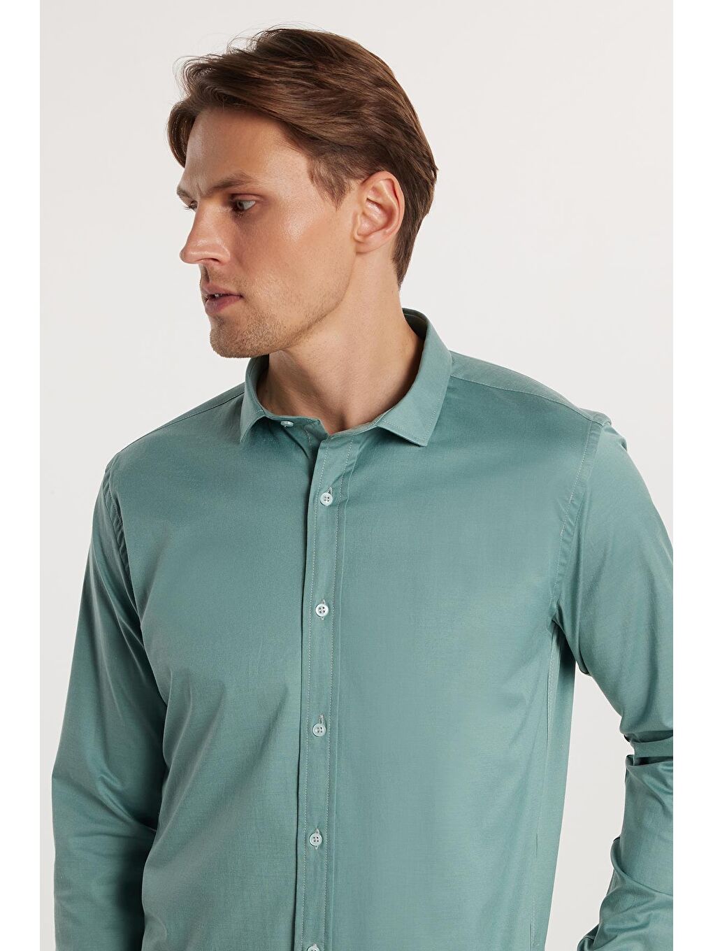 Slim Fit Elastanlı Düz Pamuk Saten Erkek Yeşil Gömlek