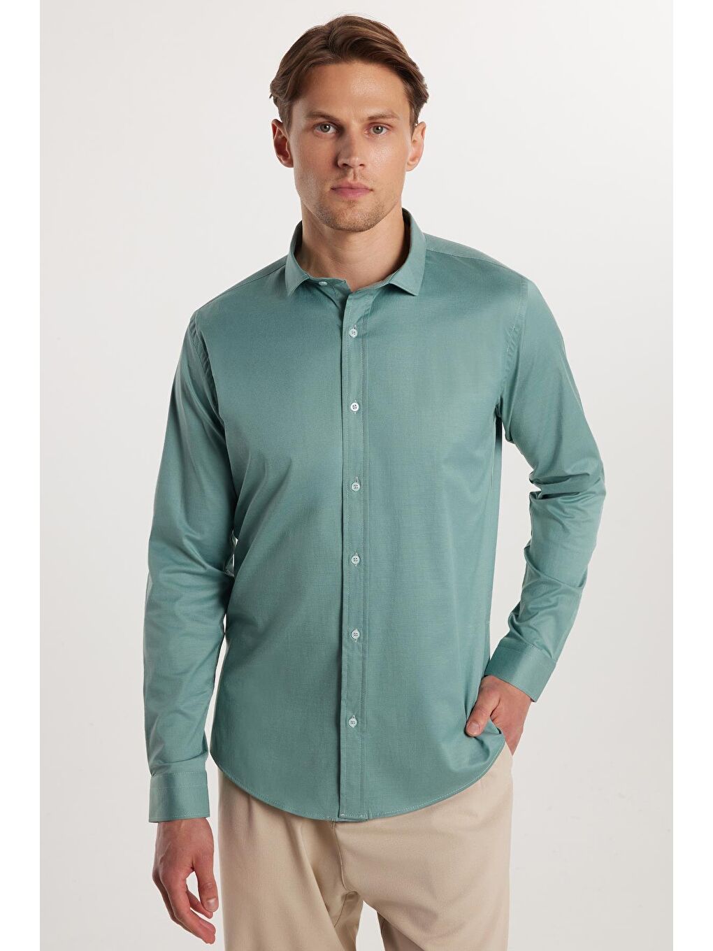 Slim Fit Elastanlı Düz Pamuk Saten Erkek Yeşil Gömlek-1