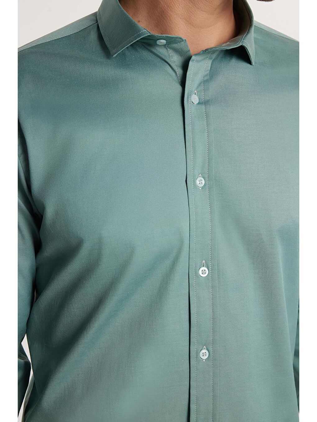 Slim Fit Elastanlı Düz Pamuk Saten Erkek Yeşil Gömlek-2