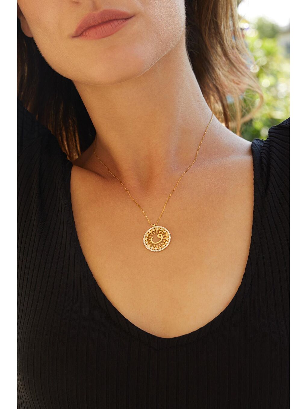 Sarı Kadın Gold Kaplama 925 Ayar Gümüş Daire Vav Harfi Kolye-2