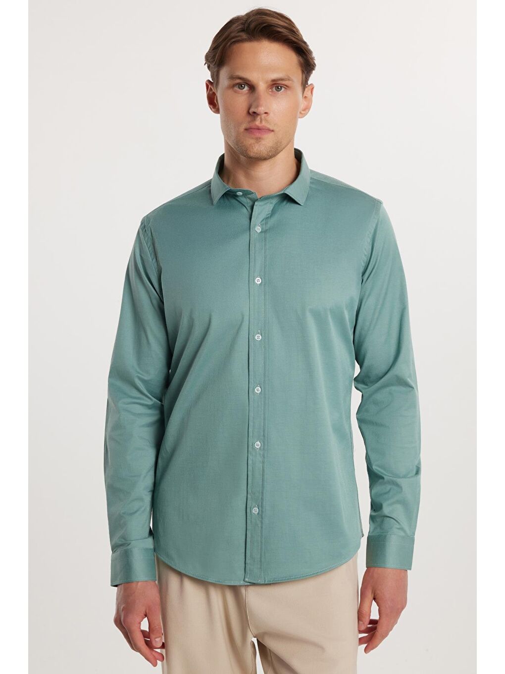 Slim Fit Elastanlı Düz Pamuk Saten Erkek Yeşil Gömlek-3