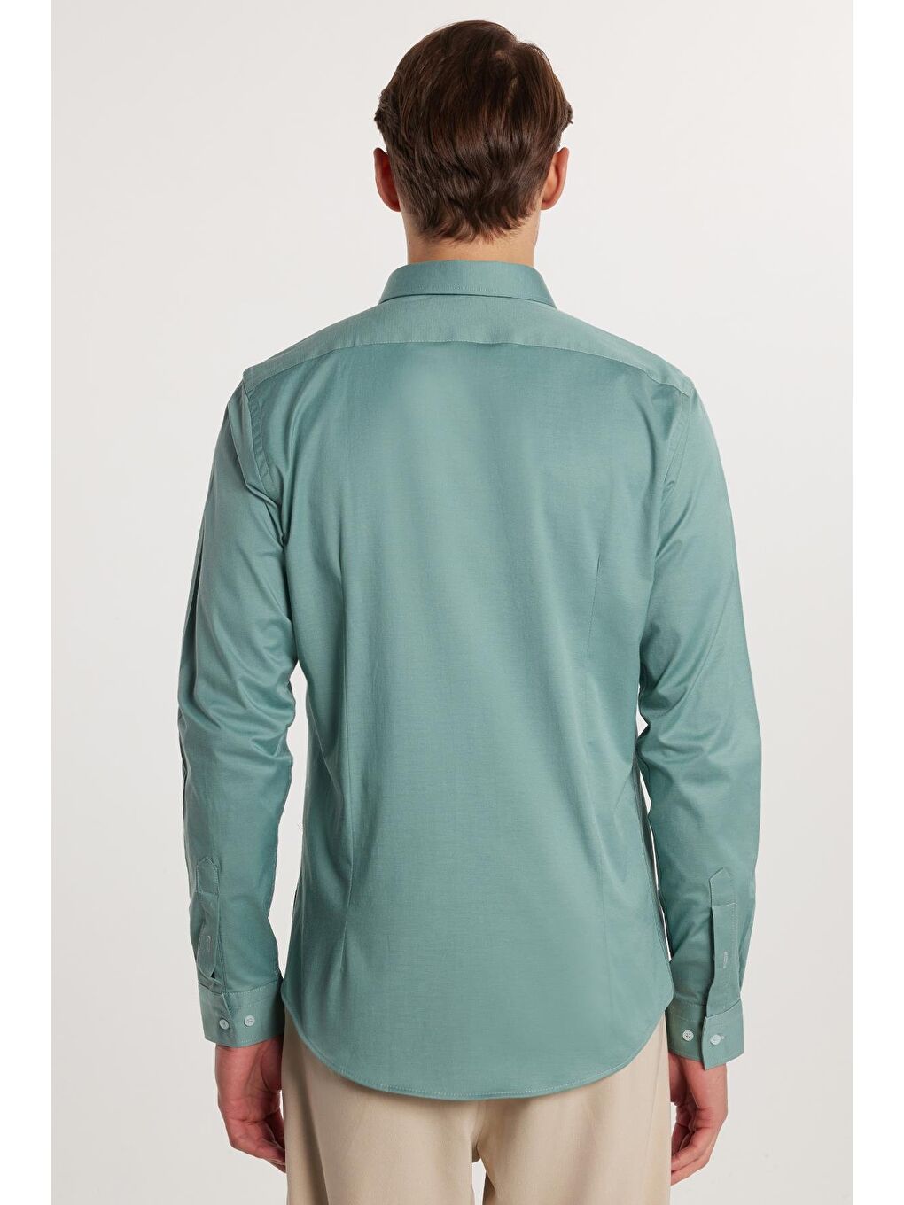Slim Fit Elastanlı Düz Pamuk Saten Erkek Yeşil Gömlek-4