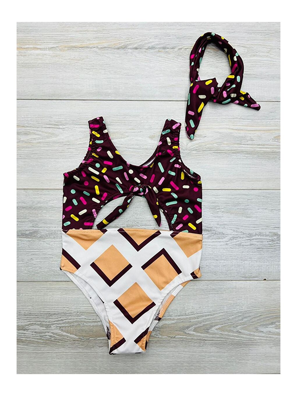 Kahverengi Bandana Baskılı Kız Çocuk Mayo