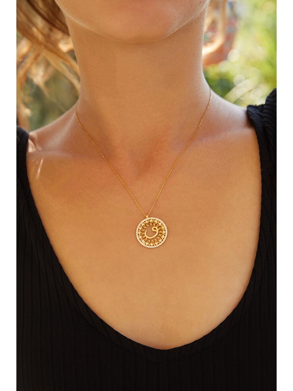 Sarı Kadın Gold Kaplama 925 Ayar Gümüş Daire Vav Harfi Kolye-3