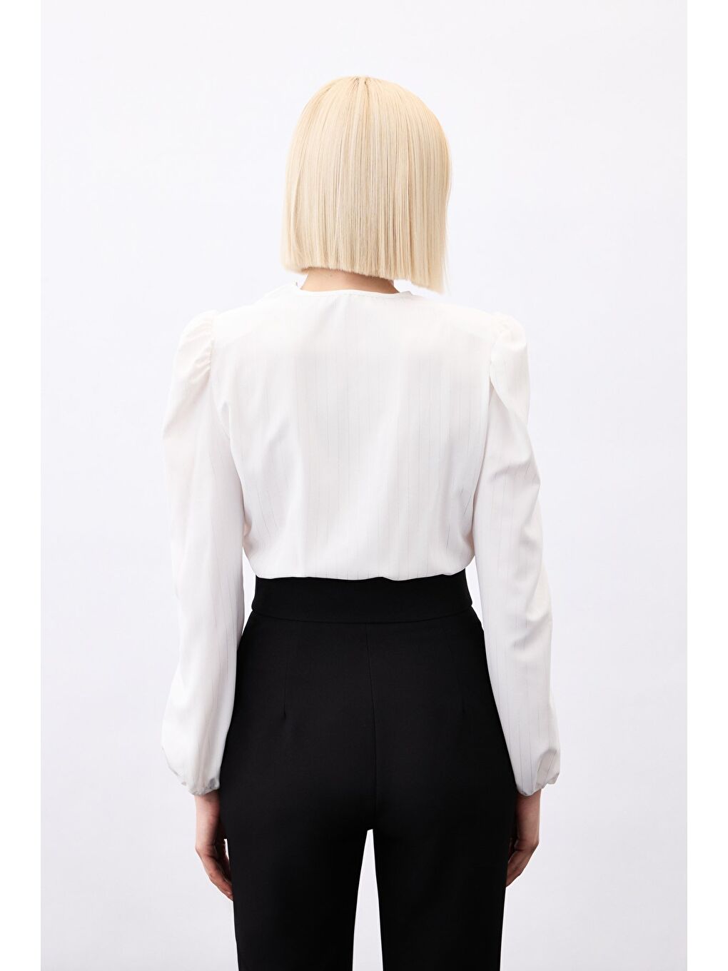 Parlak Çizgili Bodysuit Bluz - Ekru-11