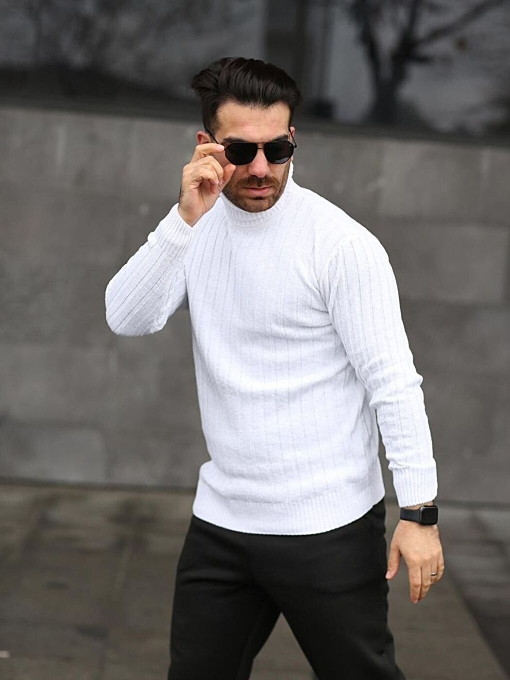 Beyaz Boğazlı Balıkçı Yaka Kışlık Triko Erkek Uzun Kollu Kazak-1