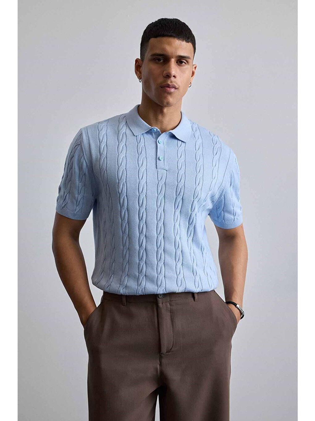 Erkek Regular Fit Saç Örgü Pamuklu Triko Polo Yaka T-Shirt Mavi-2