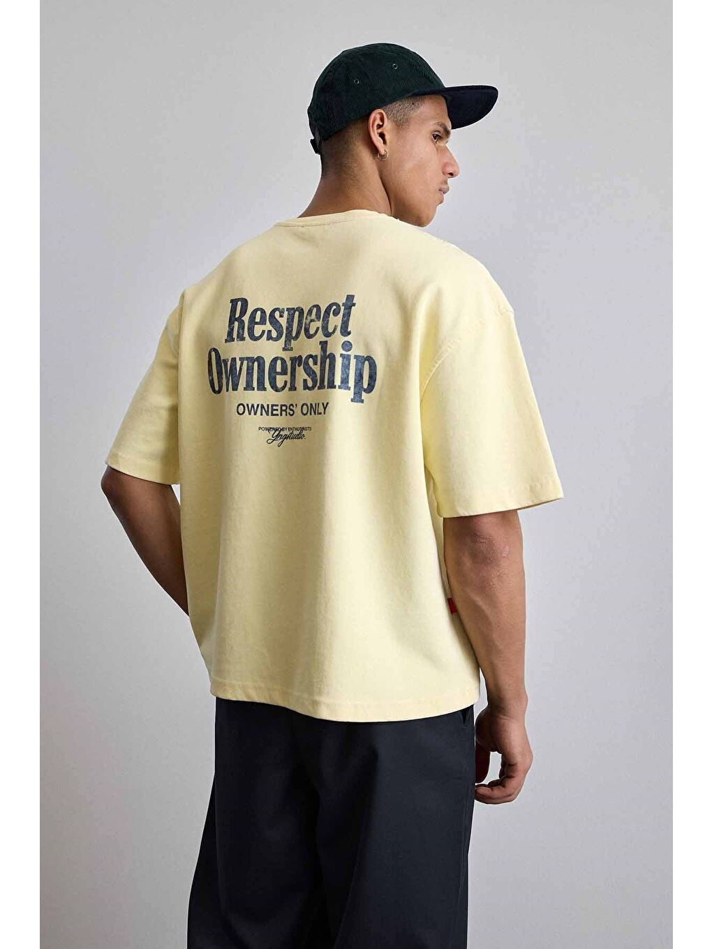 Erkek Oversize Yıkamalı Arkası Baskılı T-Shirt Sarı-6