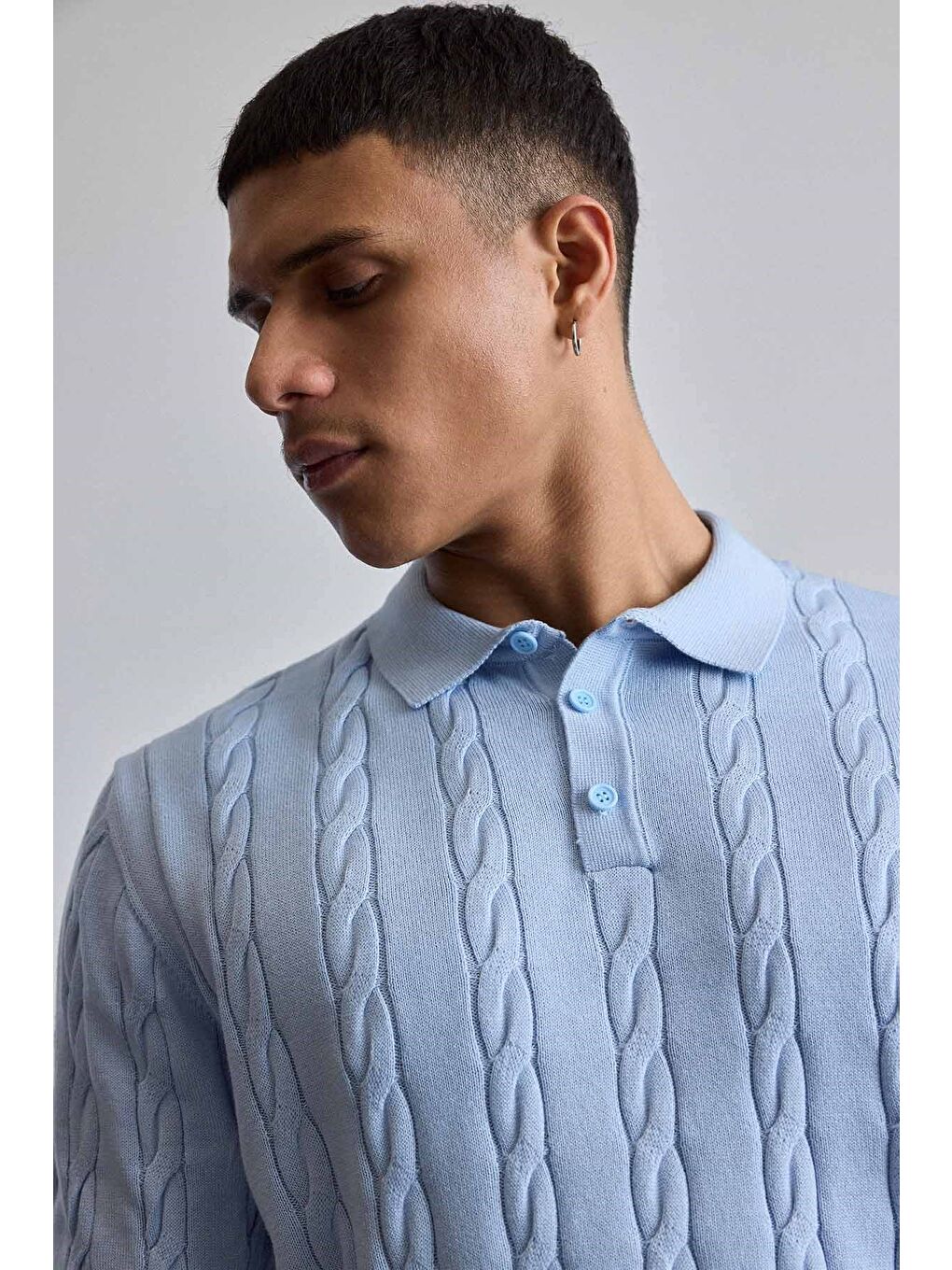 Erkek Regular Fit Saç Örgü Pamuklu Triko Polo Yaka T-Shirt Mavi-3