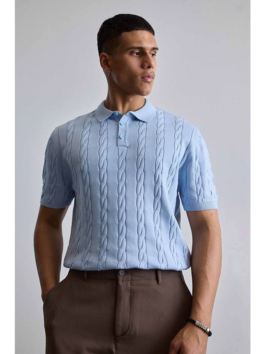 Erkek Regular Fit Saç Örgü Pamuklu Triko Polo Yaka T-Shirt Mavi-4