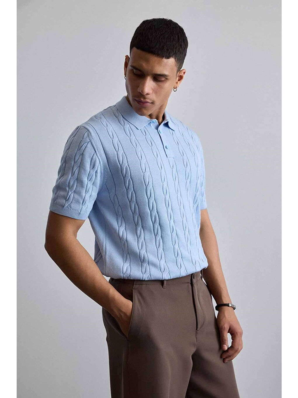 Erkek Regular Fit Saç Örgü Pamuklu Triko Polo Yaka T-Shirt Mavi-5