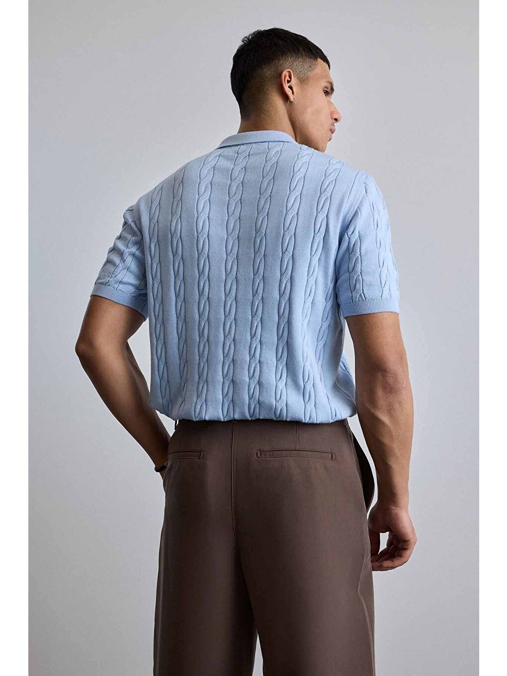 Erkek Regular Fit Saç Örgü Pamuklu Triko Polo Yaka T-Shirt Mavi-6