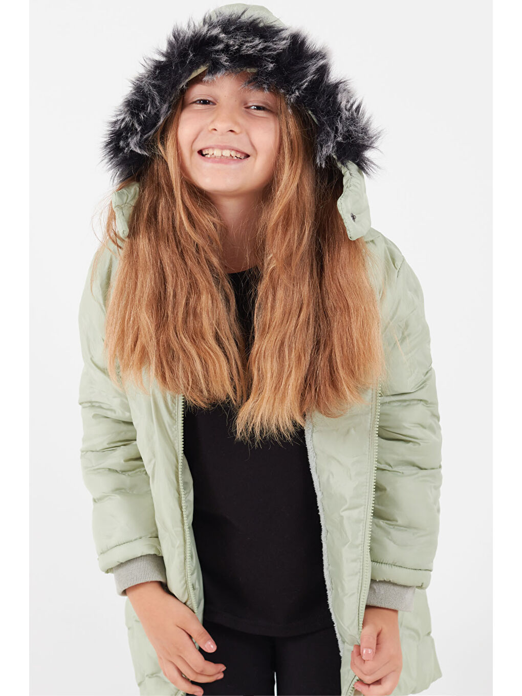 Yeşil Kız Çocuk Mont Daire Desenli Kapüşonlu Şişme Mont 14575-1