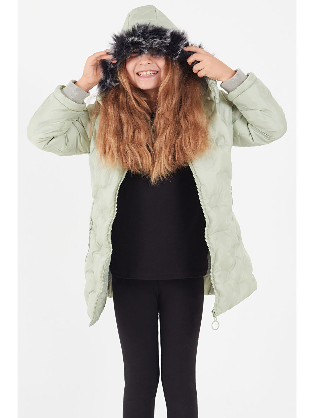 Yeşil Kız Çocuk Mont Daire Desenli Kapüşonlu Şişme Mont 14575-2