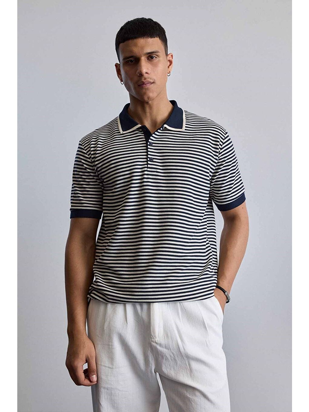 Erkek Regular Fit Çizgili Polo Yaka Örme T-Shirt Lacivert-2