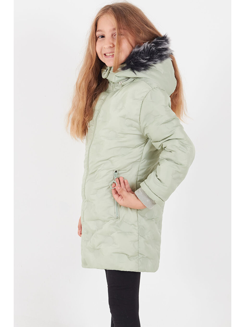 Yeşil Kız Çocuk Mont Daire Desenli Kapüşonlu Şişme Mont 14575-3