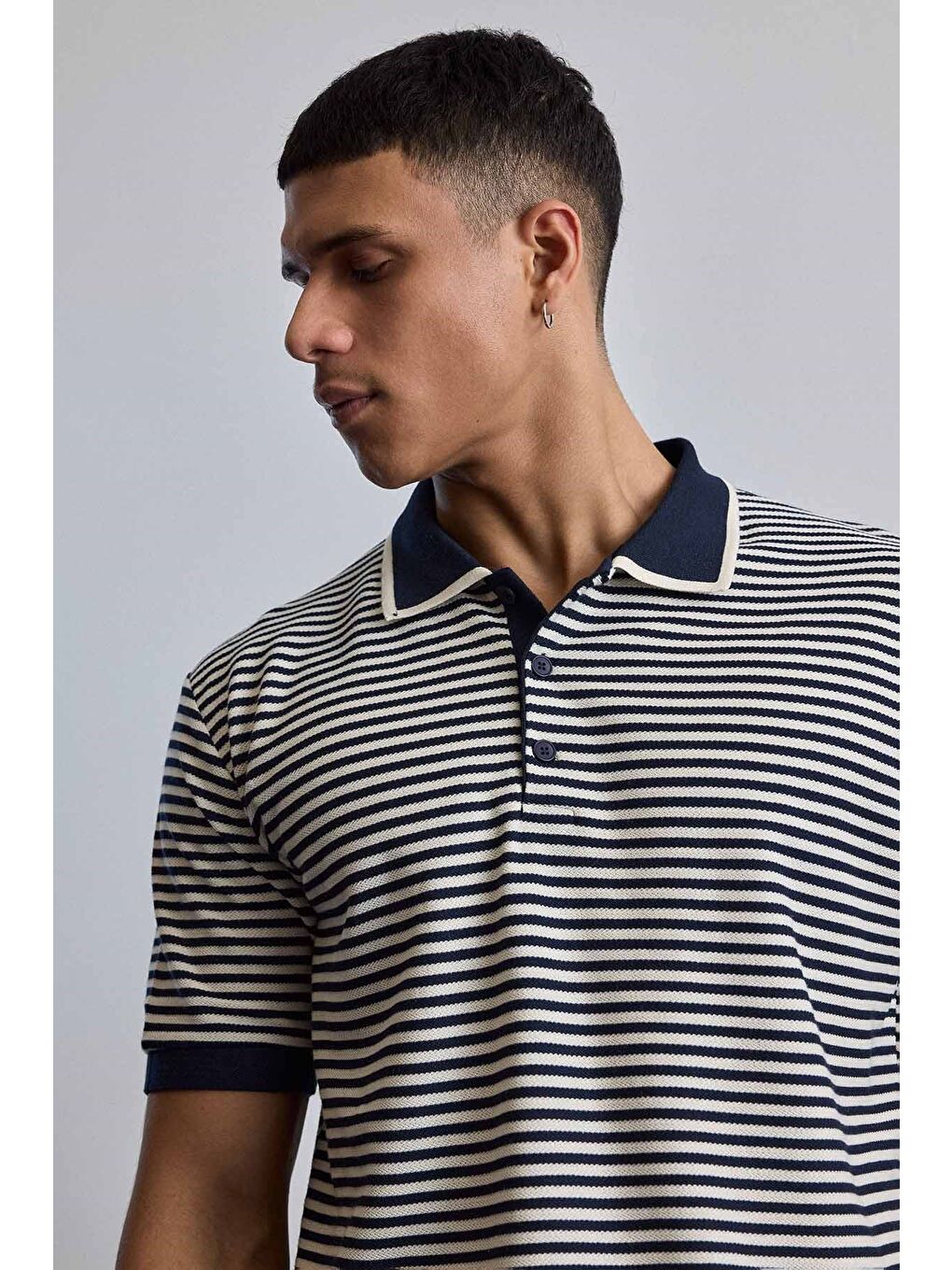 Erkek Regular Fit Çizgili Polo Yaka Örme T-Shirt Lacivert-3