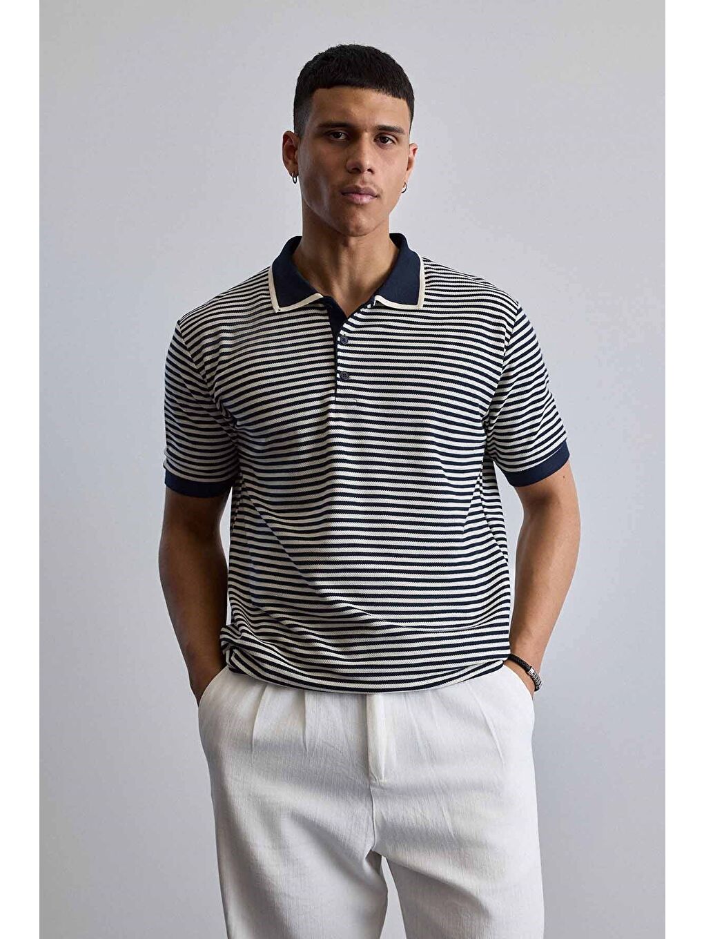 Erkek Regular Fit Çizgili Polo Yaka Örme T-Shirt Lacivert-4