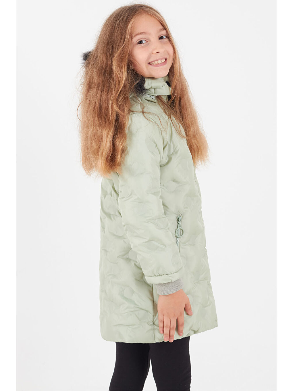 Yeşil Kız Çocuk Mont Daire Desenli Kapüşonlu Şişme Mont 14575-4