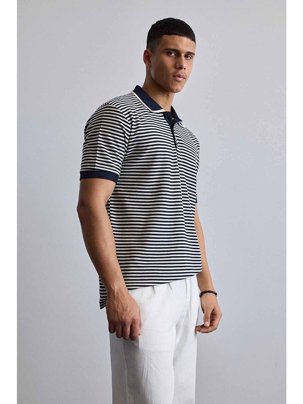 Erkek Regular Fit Çizgili Polo Yaka Örme T-Shirt Lacivert-5