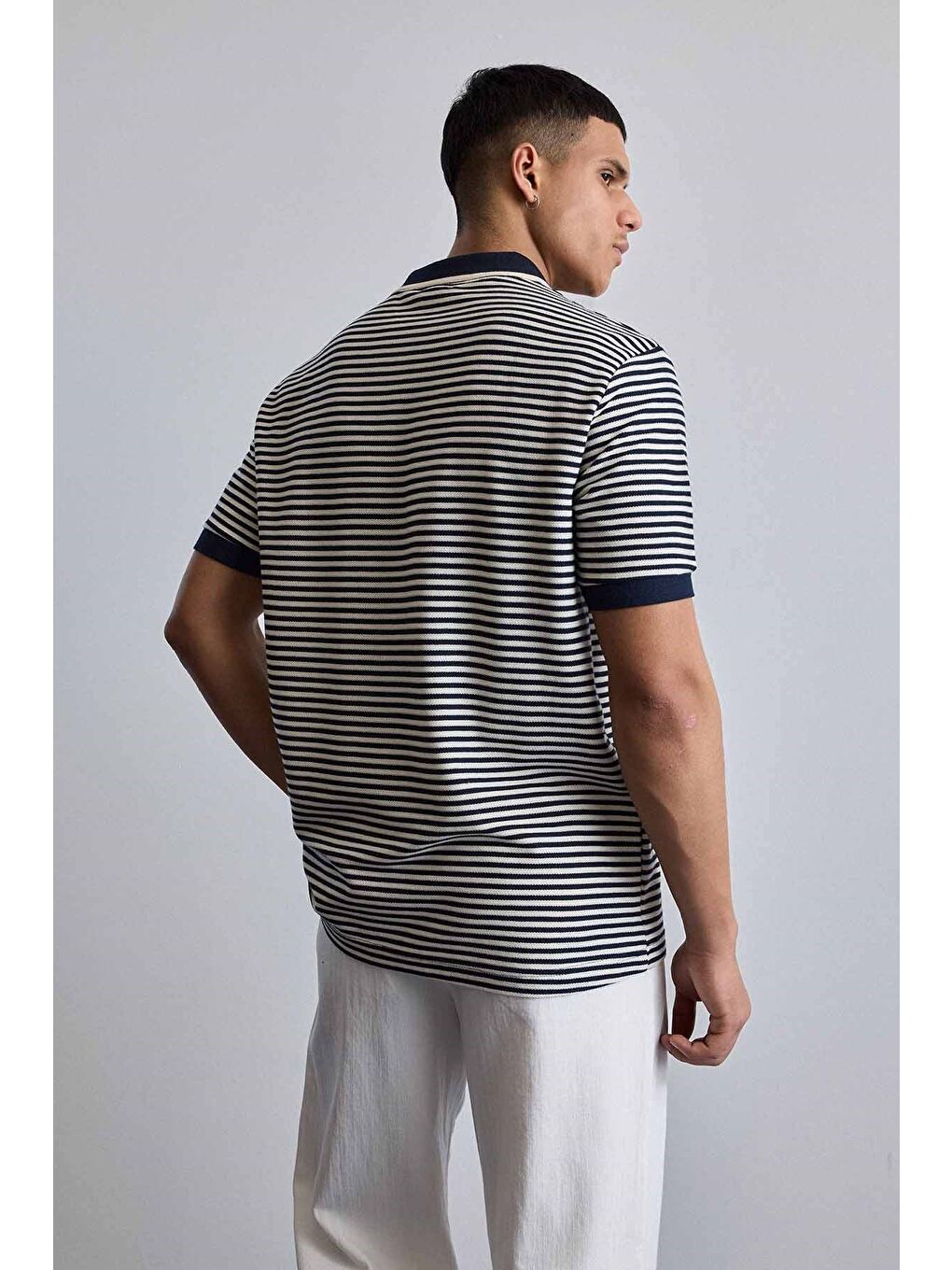 Erkek Regular Fit Çizgili Polo Yaka Örme T-Shirt Lacivert-6