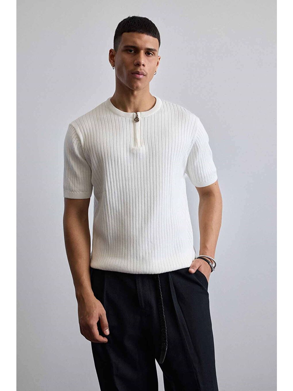 Erkek Regular Fit Premium Fitilli Triko T-Shirt Ekru-2