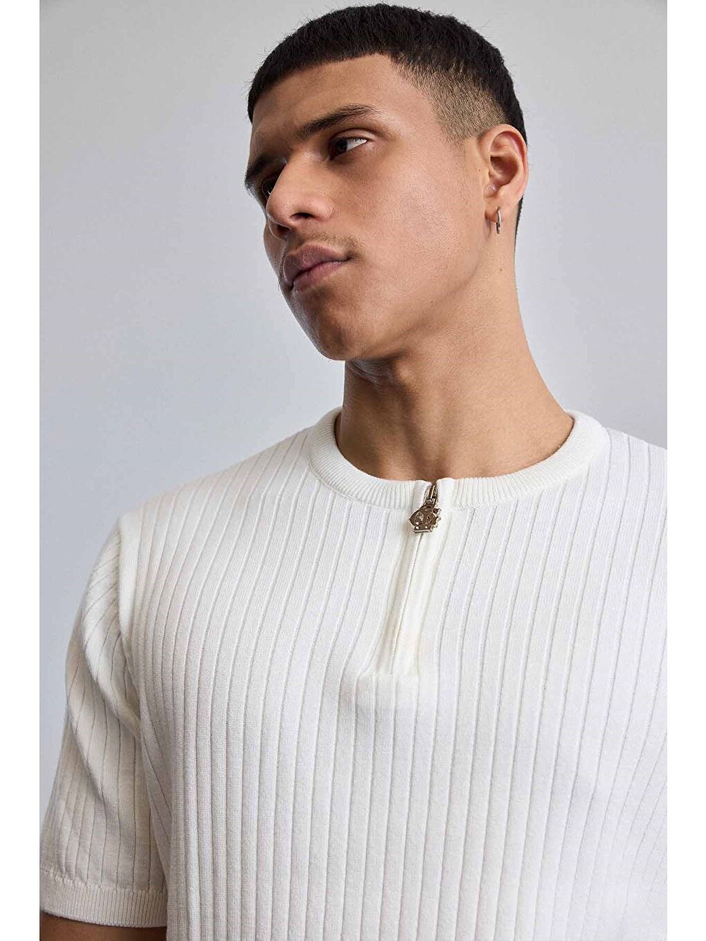 Erkek Regular Fit Premium Fitilli Triko T-Shirt Ekru-3