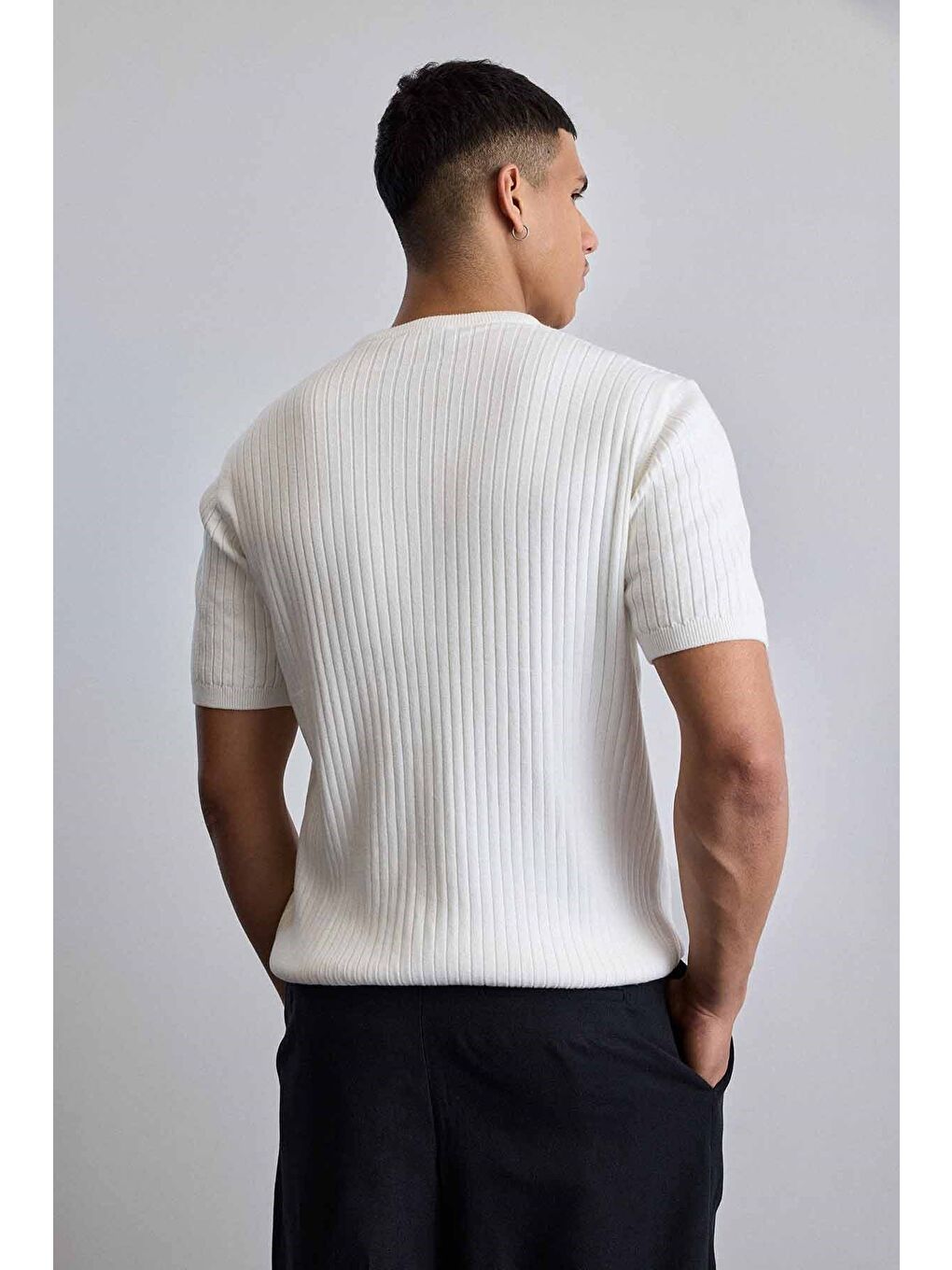 Erkek Regular Fit Premium Fitilli Triko T-Shirt Ekru-6