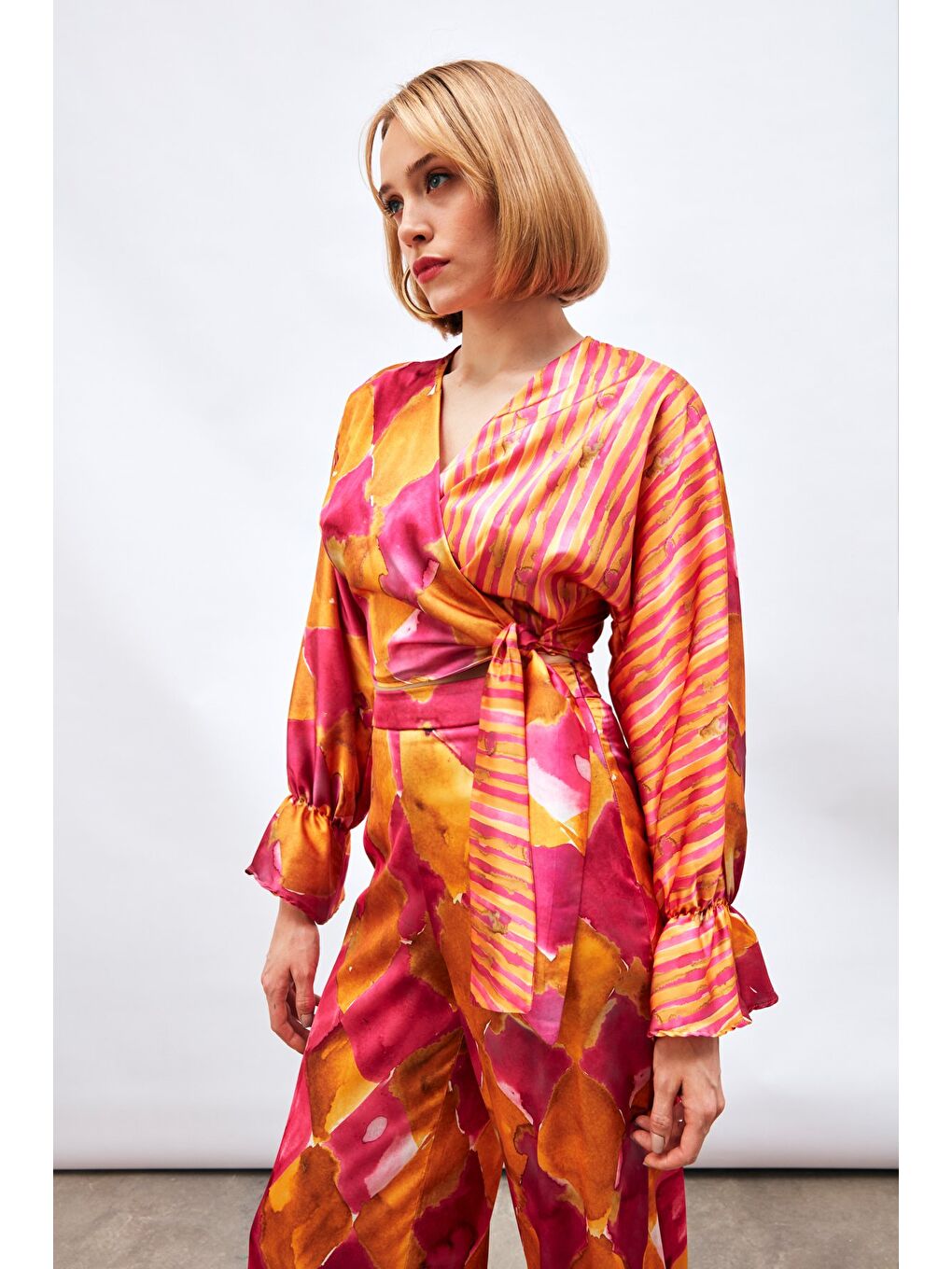 Yan Bağlamalı Desenli Bluz - Fuşya