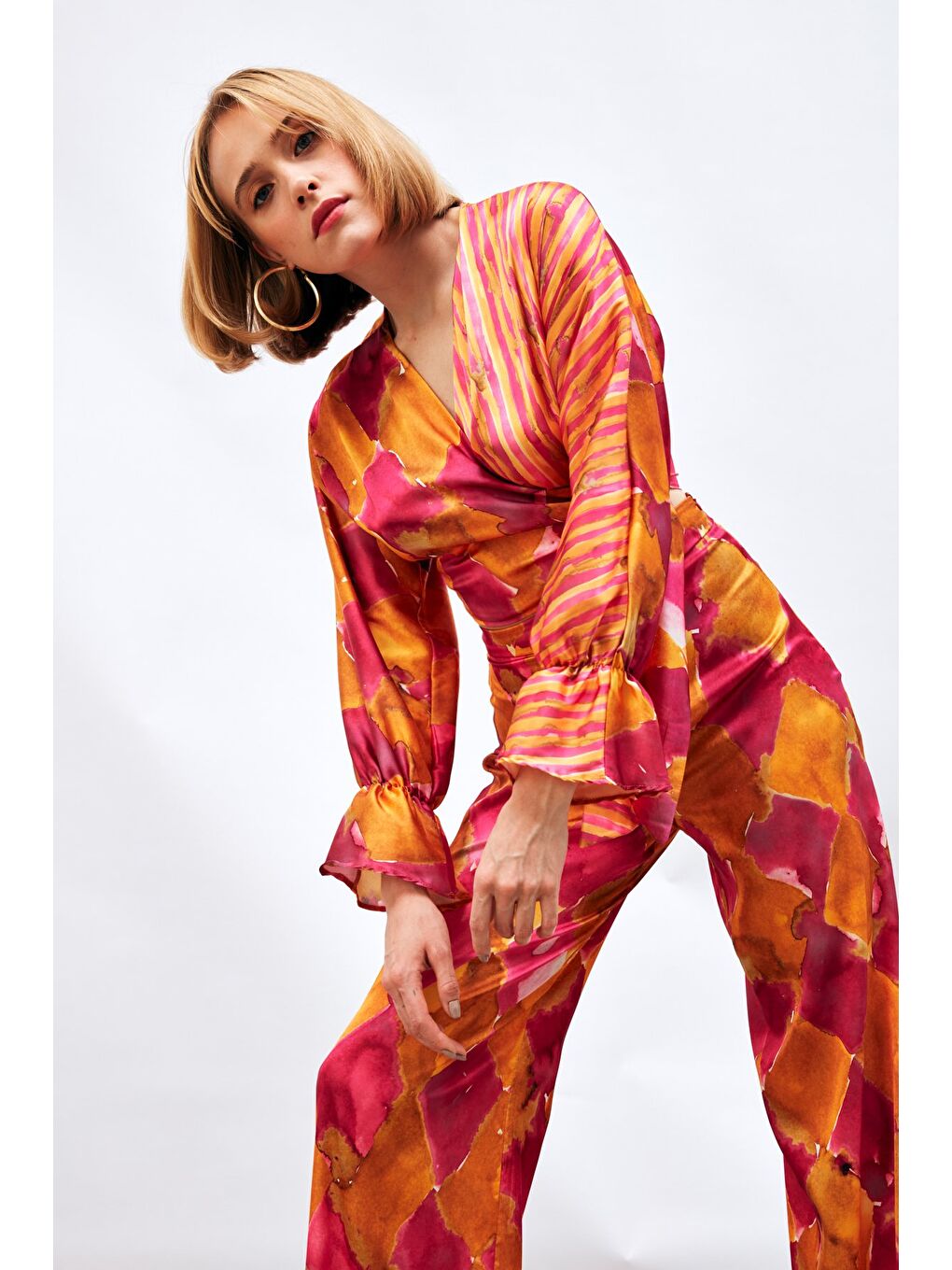 Yan Bağlamalı Desenli Bluz - Fuşya-1