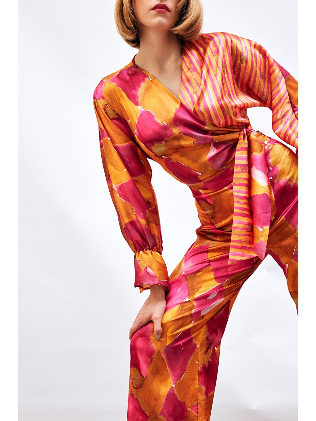 Yan Bağlamalı Desenli Bluz - Fuşya-4