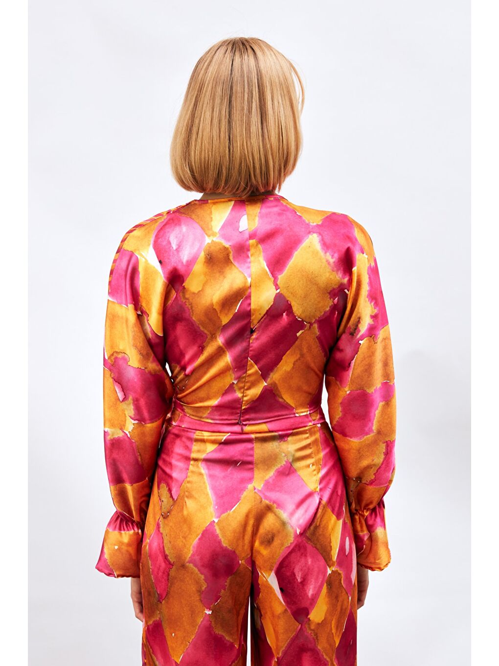 Yan Bağlamalı Desenli Bluz - Fuşya-5