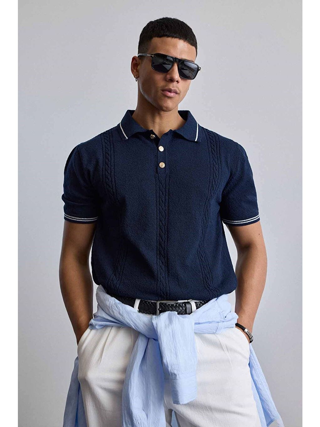 Erkek Regular Fit Saç Örgü Detaylı Triko Polo Yaka T Shirt Lacivert-2
