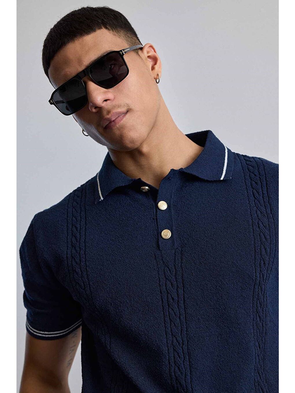 Erkek Regular Fit Saç Örgü Detaylı Triko Polo Yaka T Shirt Lacivert-3