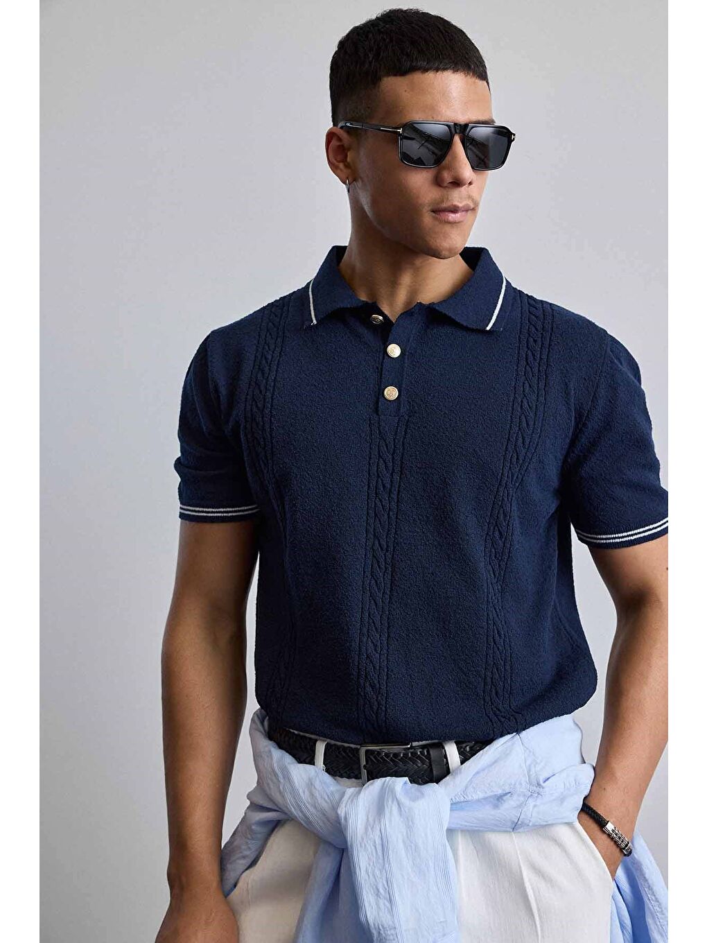 Erkek Regular Fit Saç Örgü Detaylı Triko Polo Yaka T Shirt Lacivert-4