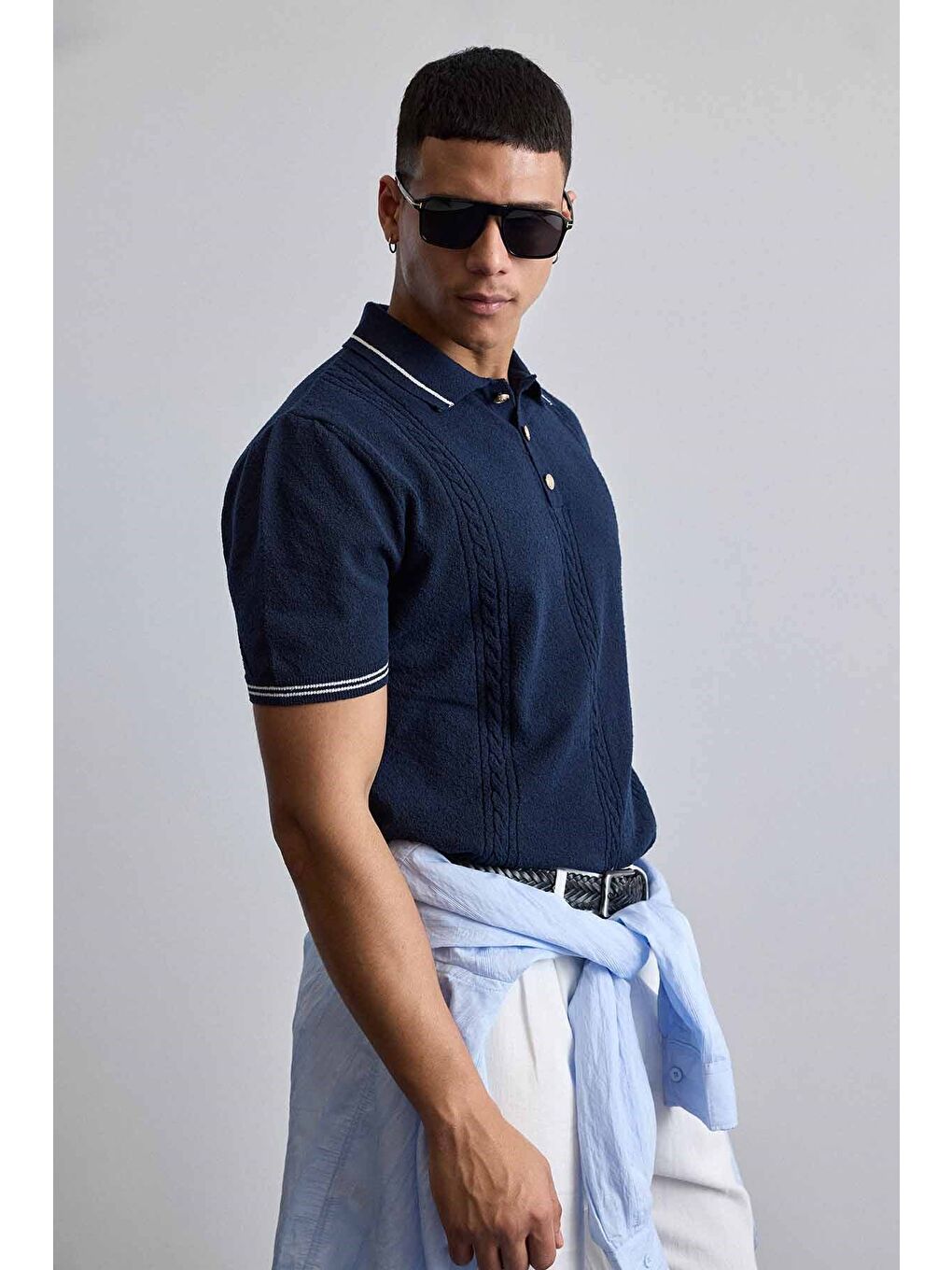 Erkek Regular Fit Saç Örgü Detaylı Triko Polo Yaka T Shirt Lacivert-5
