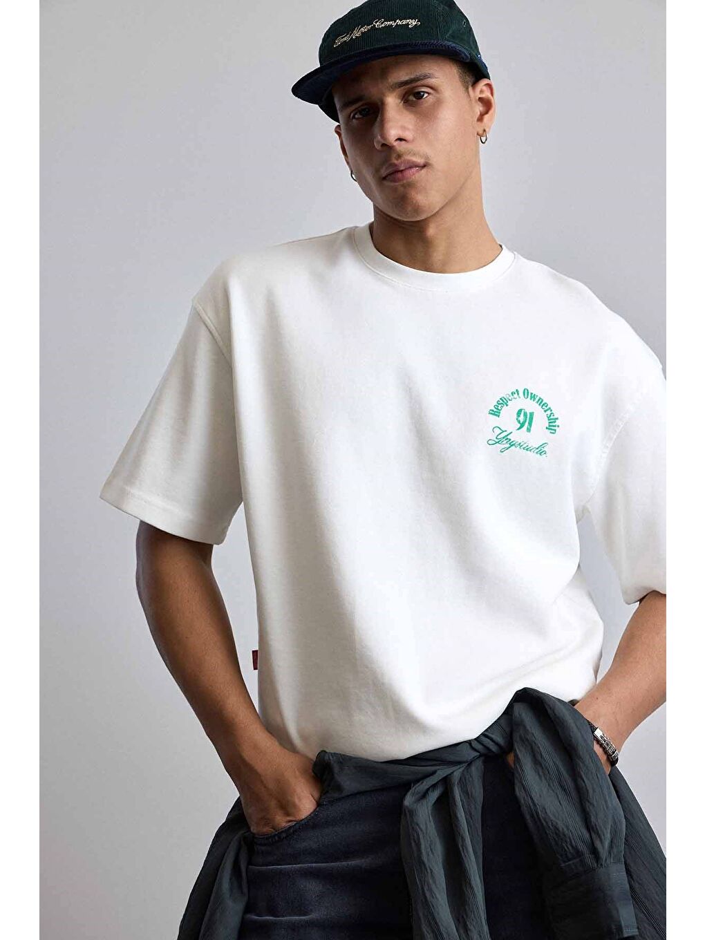 Erkek Oversize Yıkamalı Arkası Baskılı T-Shirt Ekru-4