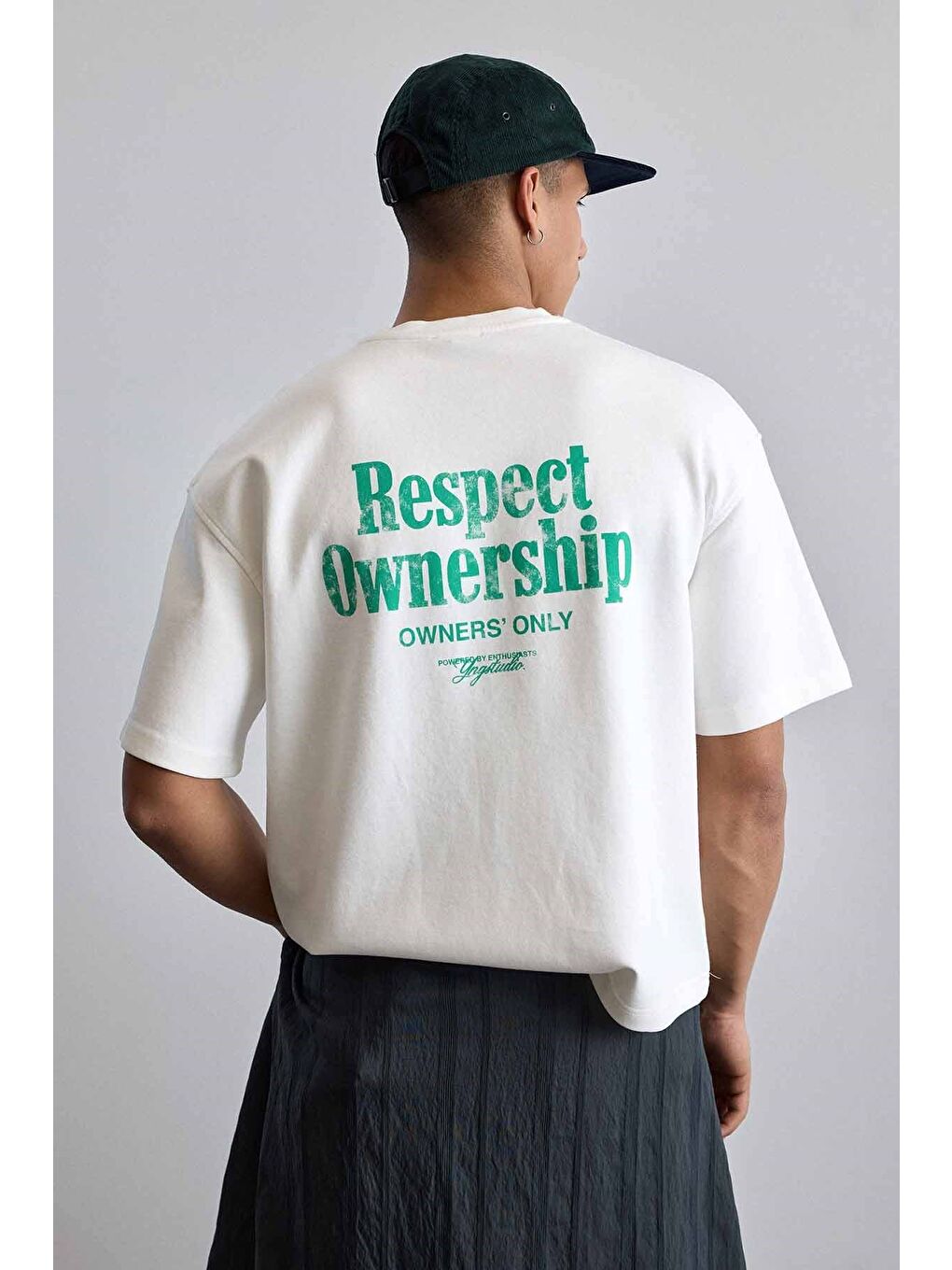 Erkek Oversize Yıkamalı Arkası Baskılı T-Shirt Ekru-6