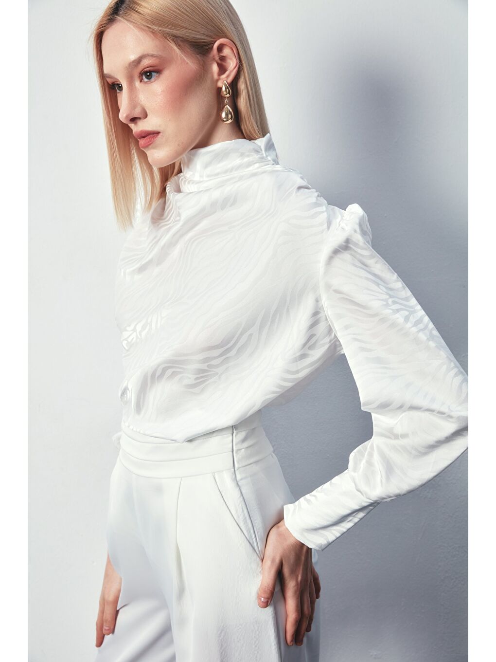 Drapeli Desenli Bluz - Ekru