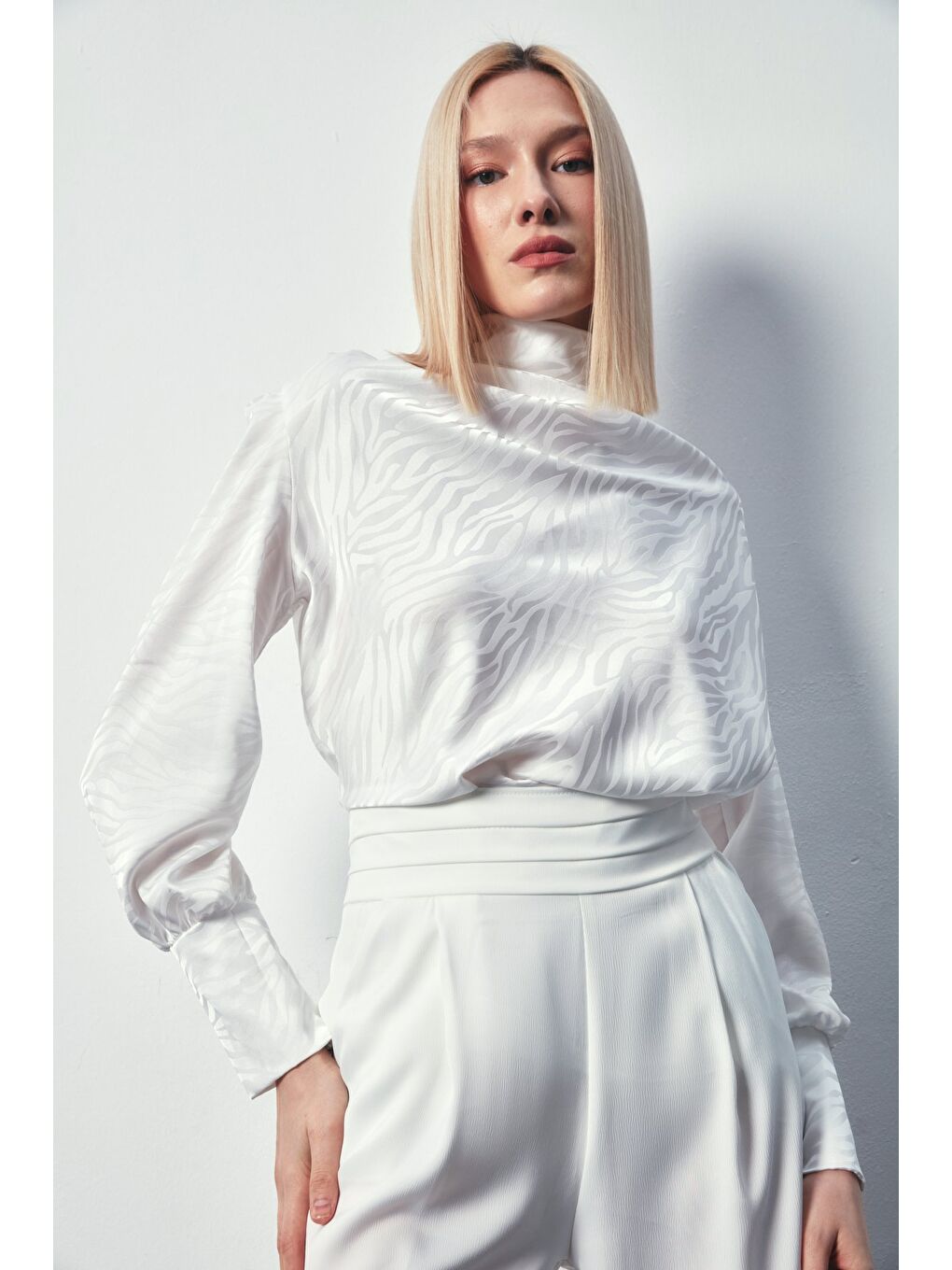 Drapeli Desenli Bluz - Ekru-1