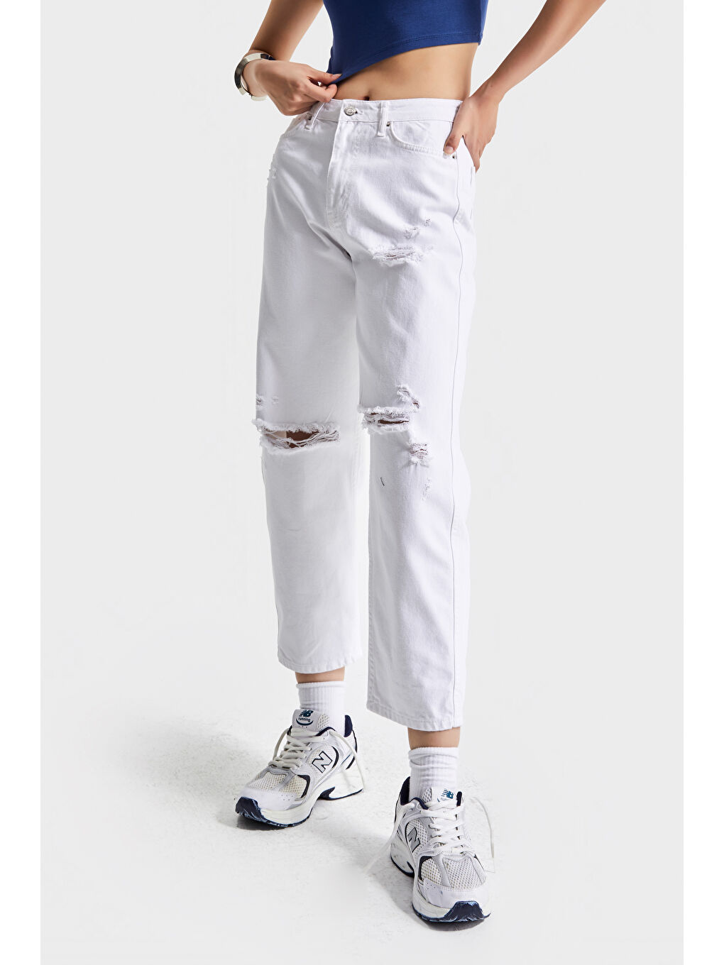 Kadın Beyaz Renk 13s5-2 Relax Fit %100 Pamuk Yırtık Detaylı İç Göstermez Denmi Jean-5