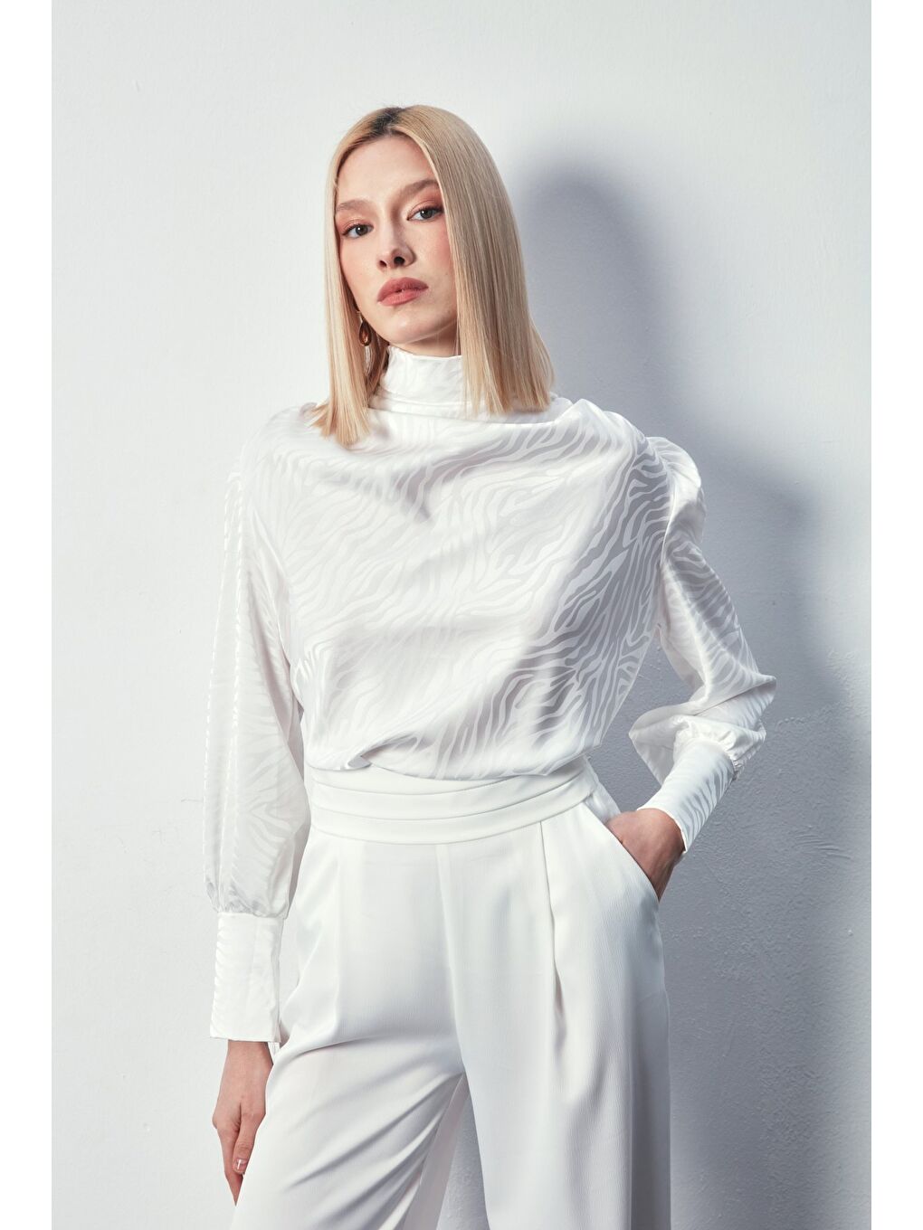 Drapeli Desenli Bluz - Ekru-2