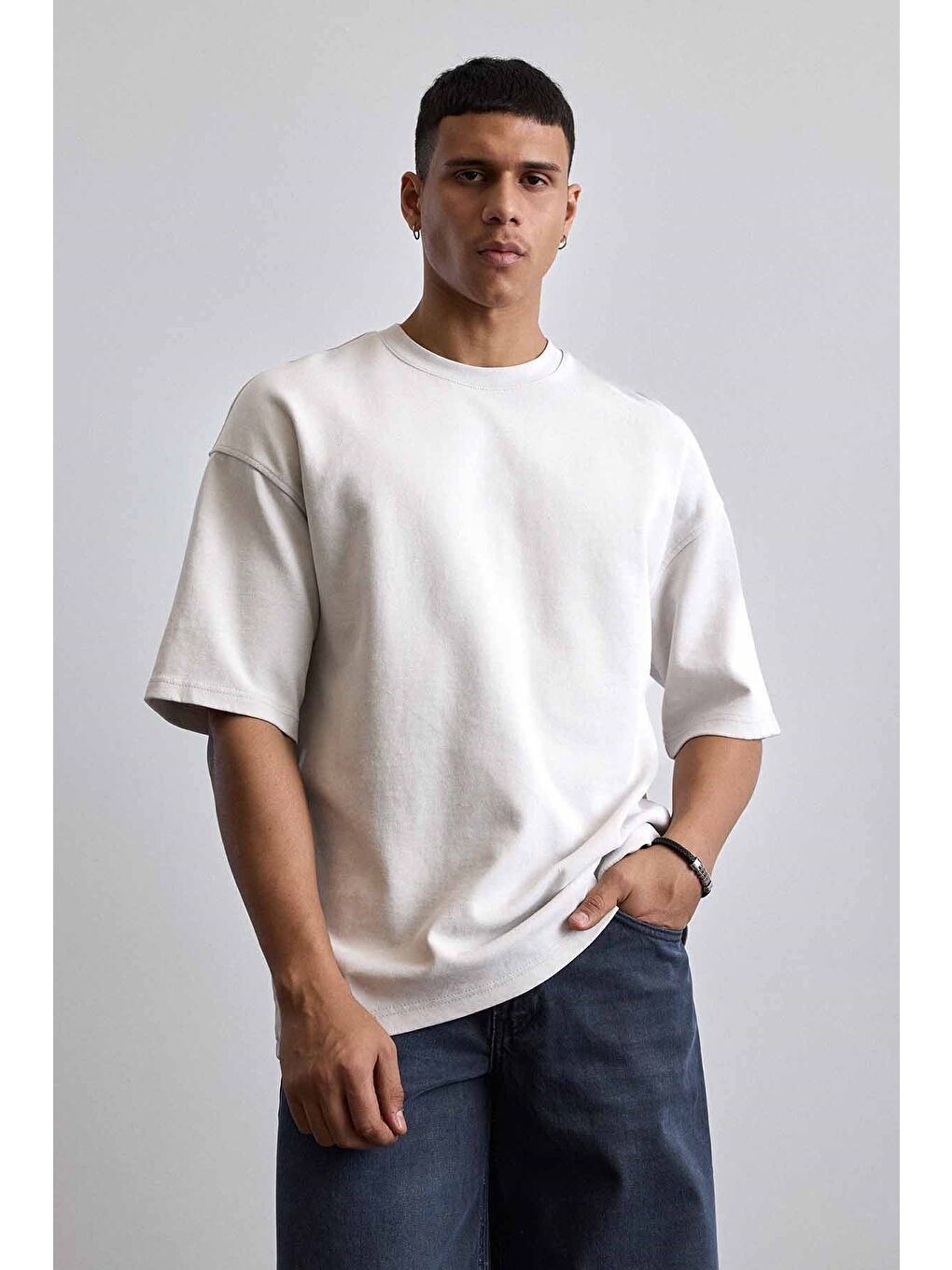 Erkek Oversize Yıkamalı Pamuklu Basic T-Shirt Gri-2