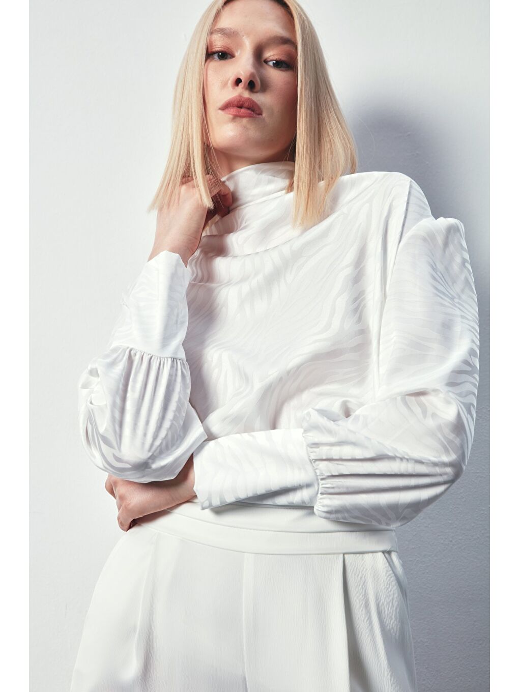 Drapeli Desenli Bluz - Ekru-3